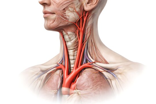 Human Neck and Chest Anatomy Illustration Showing Arteries, Veins, Muscles, and Respiratory System