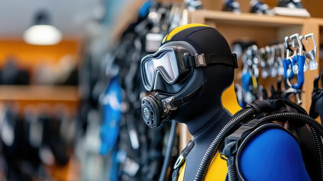 Mannequin in a scuba diving store showcasing a complete set of professional equipment, including a neoprene wetsuit, mask, regulator, and buoyancy compensator