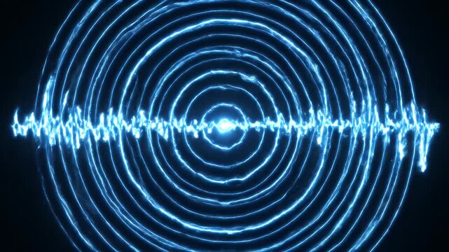 Abstract image of concentric glowing blue circles around a waveform against a dark background
