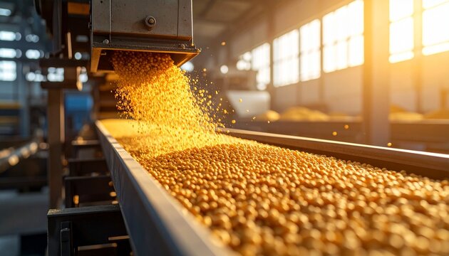 Industrial machinery pours golden soybeans onto a conveyor belt in a food processing factory. Agricultural production, food manufacturing, and grain processing concept.