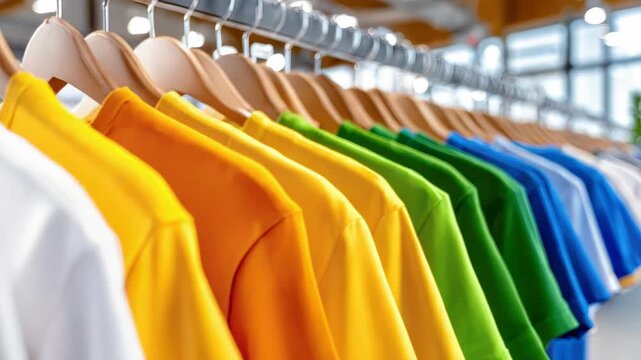 Colorful t shirts hanging on wooden hangers in a clothing store, representing variety, choice, and retail fashion with a vibrant and diverse assortment on a clothing rack