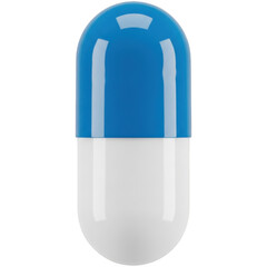 A blue and white capsule pill on a plain background