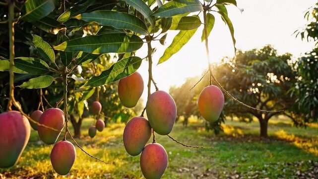 Ripe mangoes hanging from a tree branch in an orchard at sunset fruit