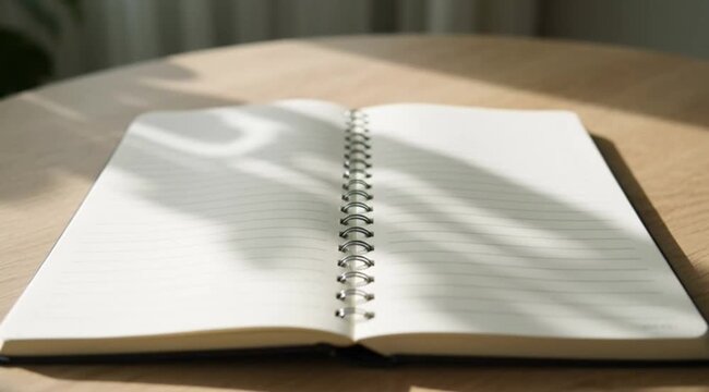 Video of an open spiral notebook with blank lined pages placed on a wooden table and illuminated by soft natural light. Clean and calm workspace atmosphere, suitable for education, writing, journaling