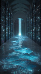 Obraz premium A massive vault, glowing blue data gushed into the room