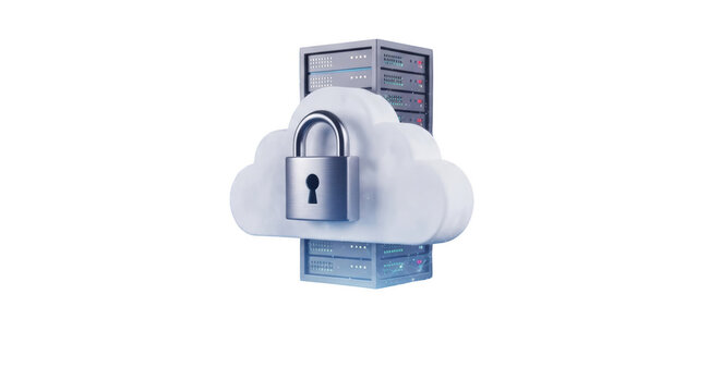 Cloud security padlock on server data center network storage computing protection isolated on transparent background