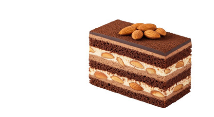 Decadent almond chocolate cake slice layers creamy filling isolated on transparent background