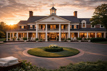 Elegant country club facade at sunset with illuminated windows