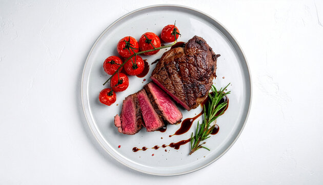 A top-down gourmet food photography shot of sliced medium-rare beef steak arranged on a light ceramic plate