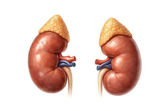 Realistic 3D Illustration of Human Kidneys and Adrenal Glands Anatomy on White Background