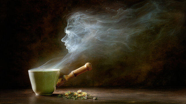 Steam rising from a traditional clay pipe on a wooden surface