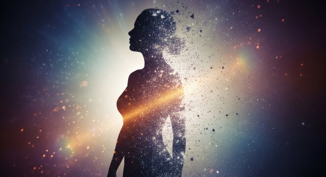 A woman's silhouette dissolves into a vibrant, starry galaxy background with a bright light source