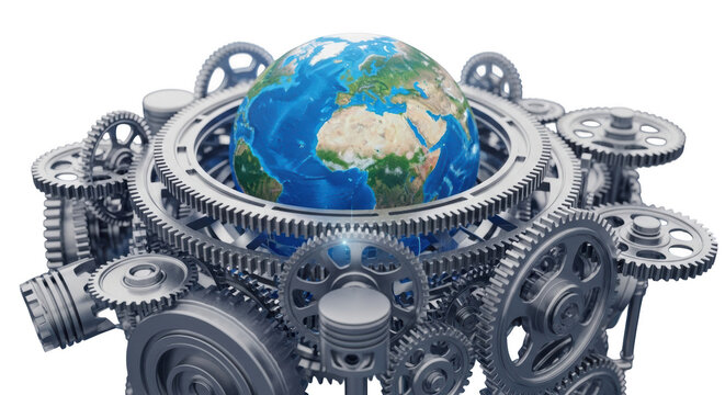 Earth globe surrounded by silver gears and pistons representing global mechanism and engineering progress isolated on transparent background