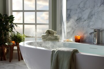 Serene bathroom with steaming bathtub and candles by a sunlit window