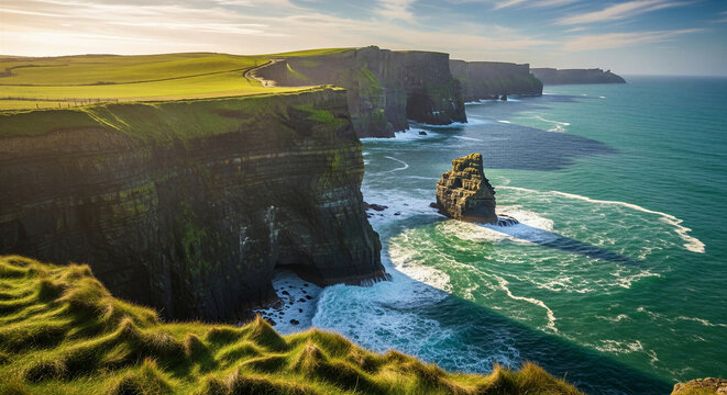 Majestic landscape of cliff of moher with green grass and ocean, travel destination for vacation and tourism, scenic nature scenery