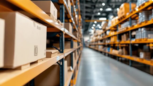Camera moving through a large modern warehouse with tall racks full of cardboard boxes and parcels representing logistics, cargo, shipping, and order fulfillment concepts