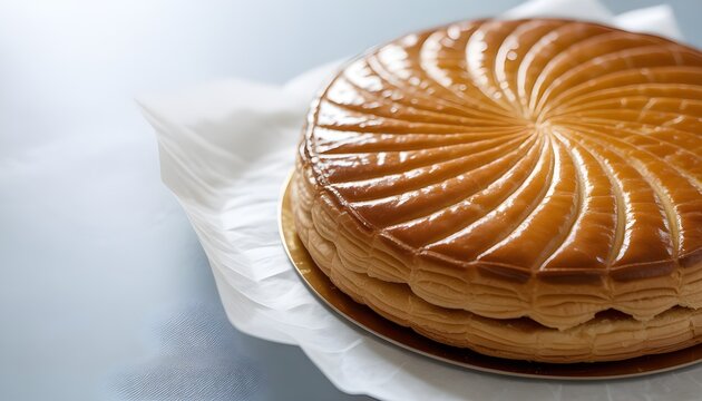 Photo de galette des rois, g&acirc;teau traditionnel pour f&ecirc;ter l'Epiphanie en janvier en France, panorama sur fond blanc, banni&egrave;re web avec espace copie
no people