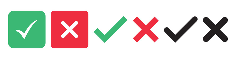 Fototapeta premium Green check mark, red cross mark icon set. Isolated tick symbols, checklist signs, approval badge. Flat and modern checkmark design, vector illustration.