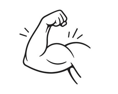 Flexing arm bicep muscle icon: Hand drawn black and white line art doodle