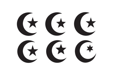 Naklejka premium Celestial Symbolism: Collection of artistic moon and star icons, each icon depicting a crescent moon and a five-pointed star, evokes feelings of serenity and cosmic 