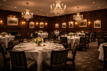 Elegant dining room with crystal chandeliers and formal table settings