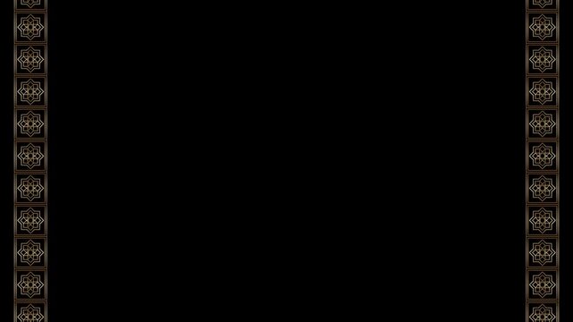 Golden frame border seamless loop animation with ornamental pattern moving vertically from bottom to top on black background. 4K animated luxury frame border for motion graphics and event overlay.
