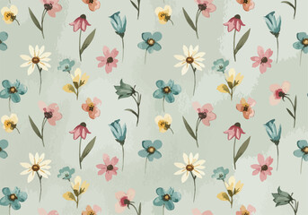 Fototapeta premium Seamless floral design with fresh meadow blossoms and herbs