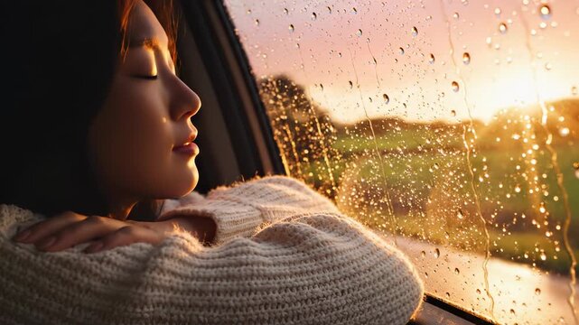 Serene woman gazes through car window during sunset. Raindrops create tranquil atmosphere. Reflective mood enhances feelings of peace and solitude.