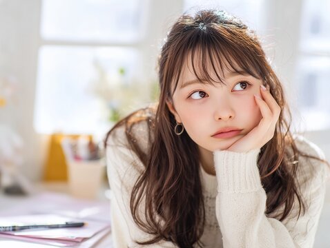 室内で頬に手を添えながら考え事をする若い女性が将来や悩みに思いを巡らせる日常のひととき