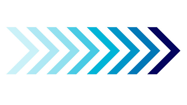 Series of chevrons in cool blue gradient, indicating progress, direction, and flow, isolated on white background