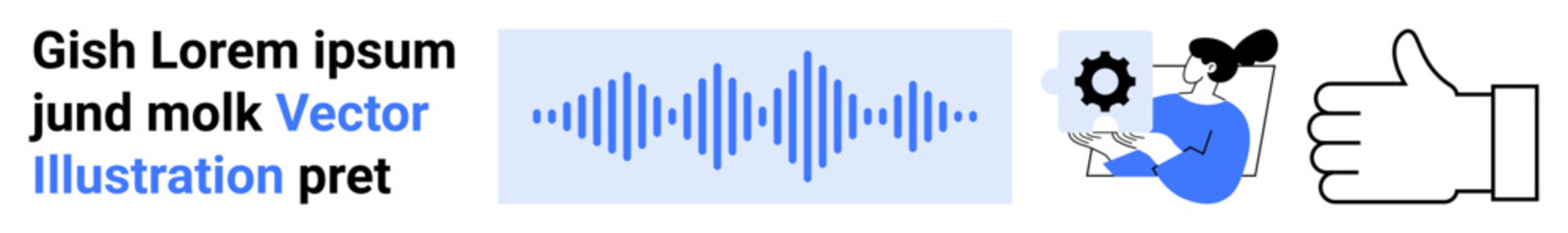 Obraz premium Audio visualization, data analysis, feedback, user settings, technical services, multimedia concepts. Waveform, graphic elements person working thumbs-up icon. Data analysis and feedback