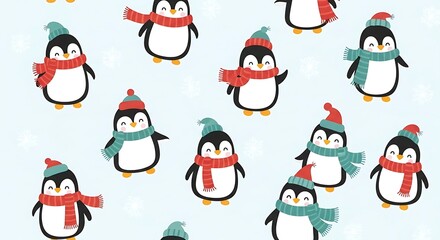 Adorable penguins wearing winter hats and scarves in a pattern