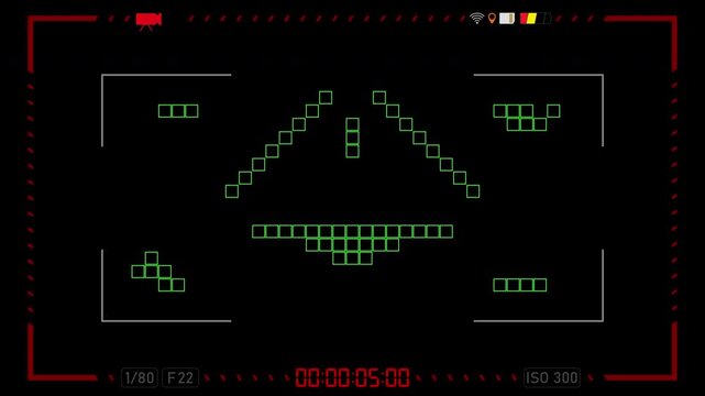 Animation of the video recording camera screen with focus effect, red frame, flashing circle with REC, stopwatch. A 4k video recording frame with an alpha channel.