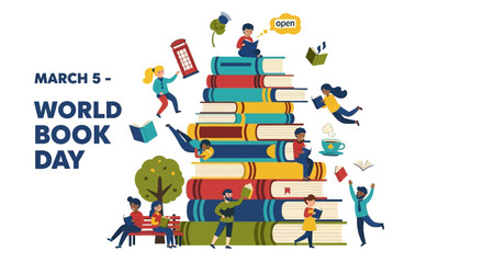 Vibrant illustration of people celebrating World Book Day with giant stack of books