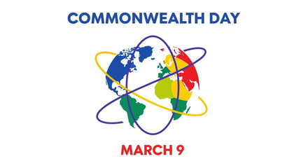 Obraz premium Vibrant Commonwealth Day globe with colorful continents and orbiting lines