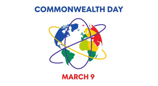 Vibrant Commonwealth Day globe with colorful continents and orbiting lines