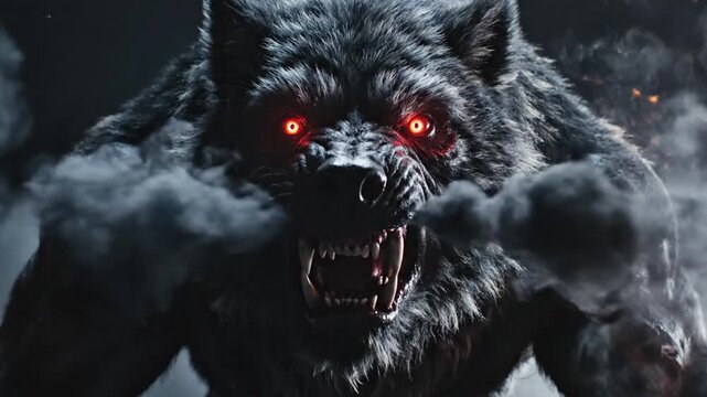 Ferocious dark werewolf with glowing eyes snarling in smoky environment