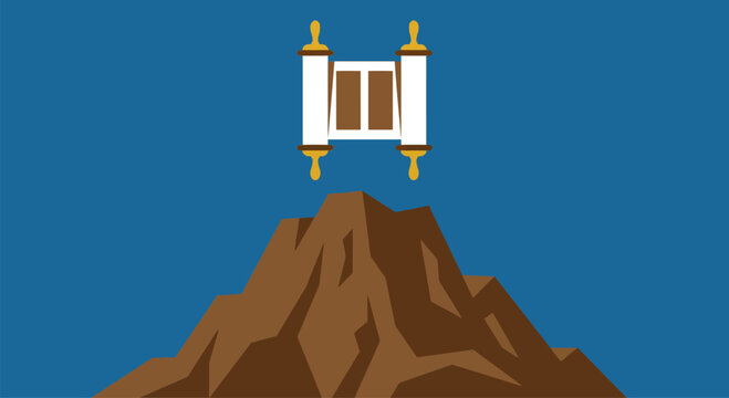 Holy Torah scroll representing law of God floating above brown Mount Sinai peak for Jewish religious holiday Shavuot and Simchat Torah celebration concept design.