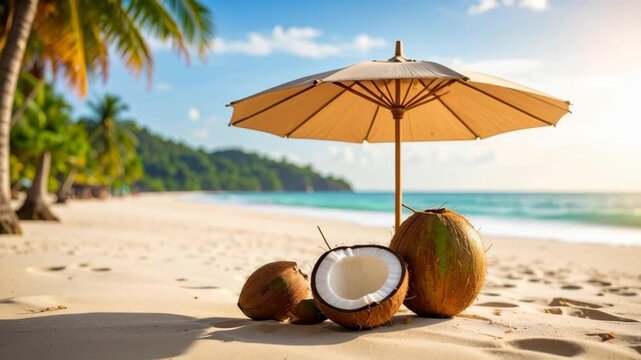 Tropical beach with coconuts and umbrella on sunny day with ocean waves and palm trees