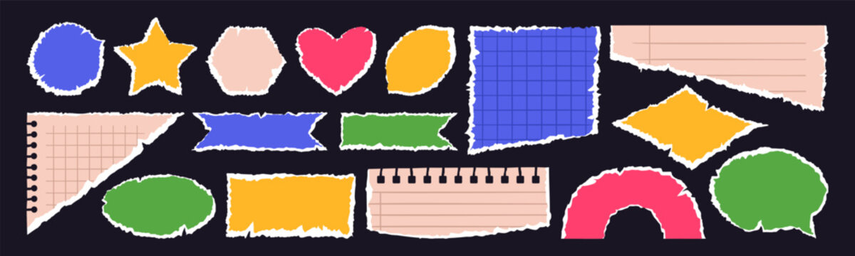 Torn and ripped paper sheets. Notebook page and sticky notes with scrap edge, cracked paper pieces flat vector illustration set. Damaged paper strips and stickers fragments