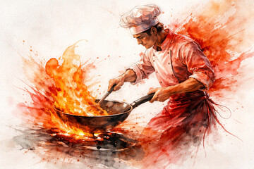 Artistic Watercolor Chef Stir Frying Food in Flaming Pan