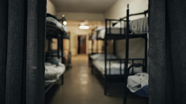 Partial view of a youth shelter sleeping area with privacy curtains slightly open edges of curtains in sharp focus while interior bunks and hallway blur artistically behind.
