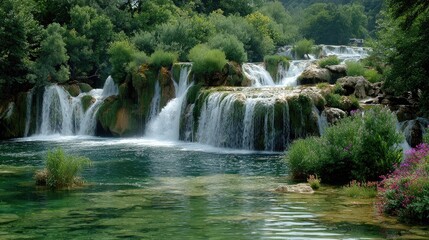Obraz premium Scenic waterfall cascading over rocks surrounded by lush greenery and water