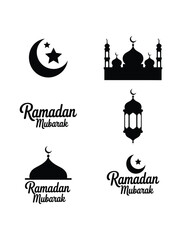 Obraz premium Ramadan Mubarak vector icons set with crescent moon, star, mosque silhouette, and lantern, black on white background