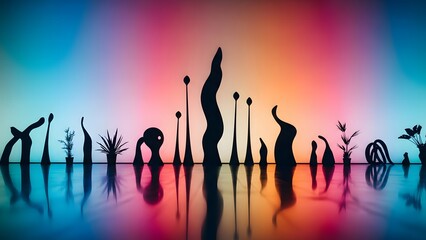 Fototapeta premium Vibrant sunset silhouette of aquatic plants reflected in calm water