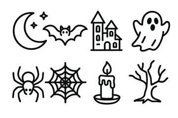 Halloween silhouette icon set. featuring moon, bat, haunted castle, ghost, spider, web, candle, tree
