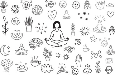 Mental Health Self Care Hand Drawn Doodle Set &ndash; Mindfulness, Therapy, Meditation & Wellness Line Vector Icons