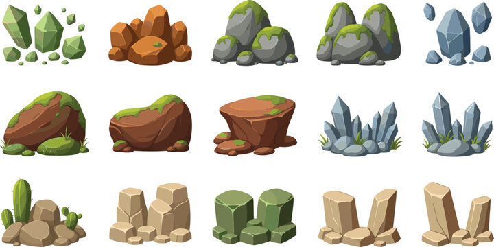 Cartoon rock and crystal formations vector illustration set featuring stones boulders gems and nature terrain elements