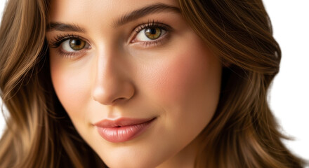 Fototapeta premium A beautiful woman with long brown hair and green eyes smiling softly on transparent background