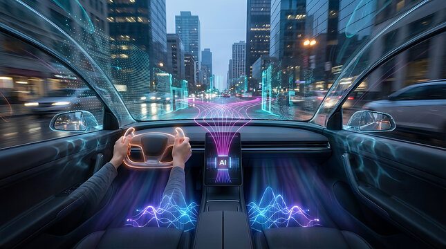The interior of a modern car with glowing artificial intelligence lines on the dashboard and seats while driving through a city at dusk  technology and transportation concept transparent background